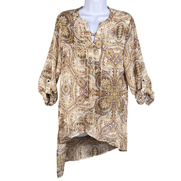 Chicos Mirrored Beauty Womens XS Paisley Sheer Asymmetric Tunic Chiffon Lace Up - Picture 1 of 15